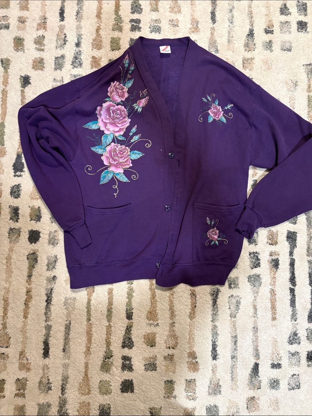 Jerzees Purple Floral Button-Up Cardigan Jacket - Vintage